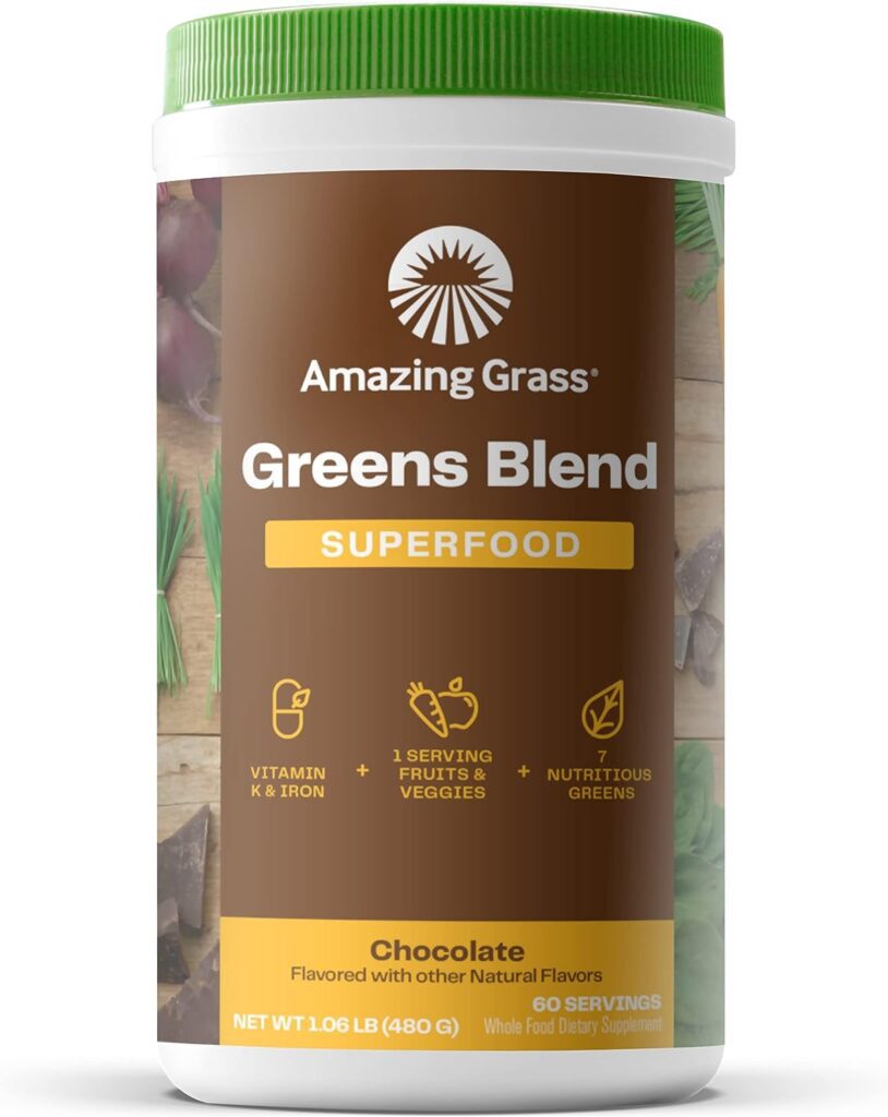 Amazing Grass Greens Blend Superfood: Super Greens Powder Smoothie Mix with Organic Spirulina, Chlorella, Beet Root Powder, Digestive Enzymes  Probiotics, Chocolate, 60 Servings (Packaging May Vary)