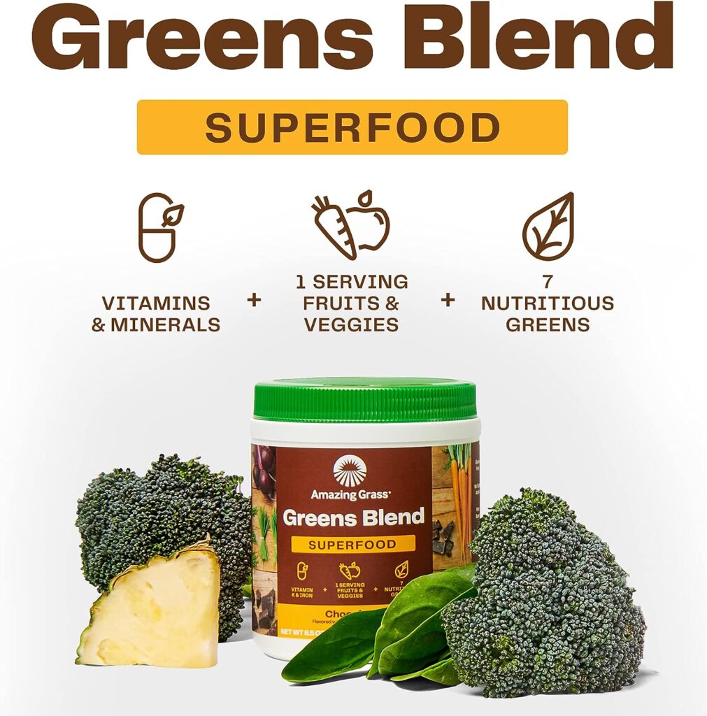 Amazing Grass Greens Blend Superfood: Super Greens Powder Smoothie Mix with Organic Spirulina, Chlorella, Beet Root Powder, Digestive Enzymes  Probiotics, Chocolate, 60 Servings (Packaging May Vary)