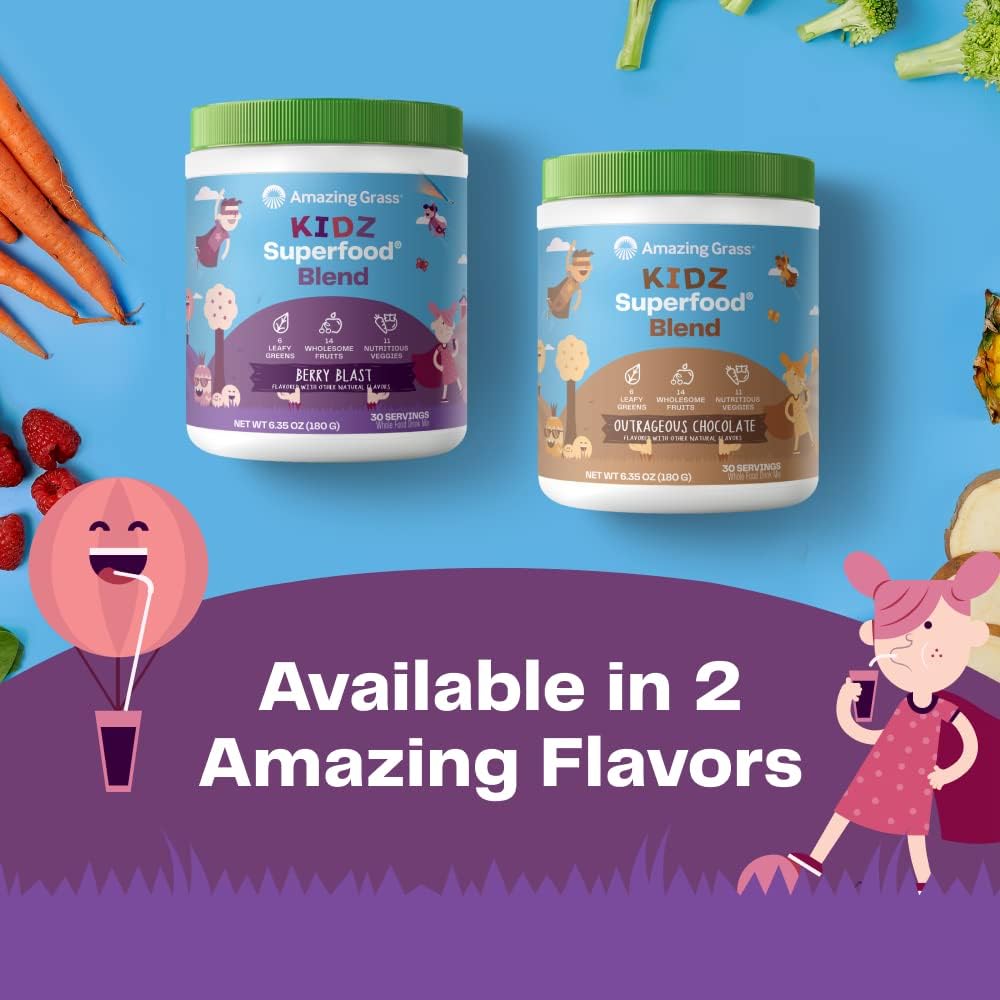 Amazing Grass Kidz Superfood: Organic Greens, Fruits, Veggies, Beet Root Powder Probiotics for Healthy Kids, Berry Blast, 30 Servings