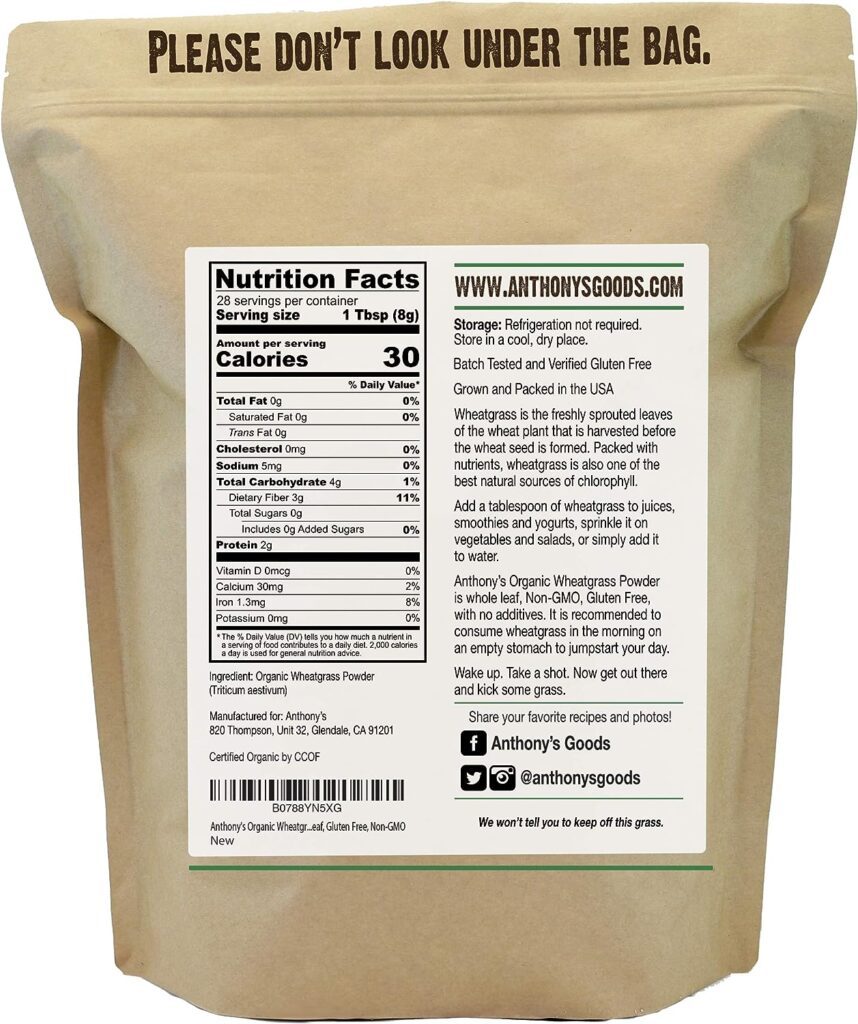 Anthonys Organic Wheatgrass Powder, 8 oz, Grown in USA, Whole Leaf, Gluten Free, Non GMO