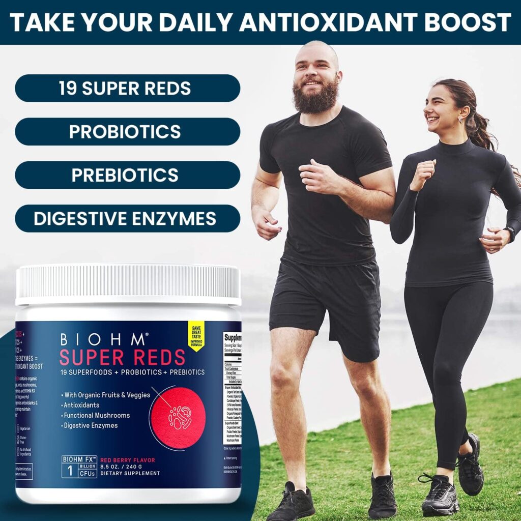 BIOHM Super Reds - Beet Root Powder Antioxidant Super Beets  Smoothie Mix with Tart Cherry Extract  19 Red Whole Foods Packed with Prebiotics  Probiotics, Non GMO| Red Berry Flavor (30 Servings)