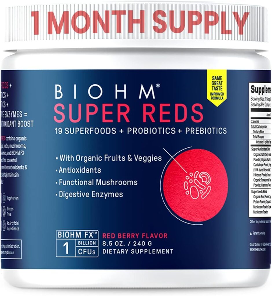 BIOHM Super Reds - Beet Root Powder Antioxidant Super Beets  Smoothie Mix with Tart Cherry Extract  19 Red Whole Foods Packed with Prebiotics  Probiotics, Non GMO| Red Berry Flavor (30 Servings)