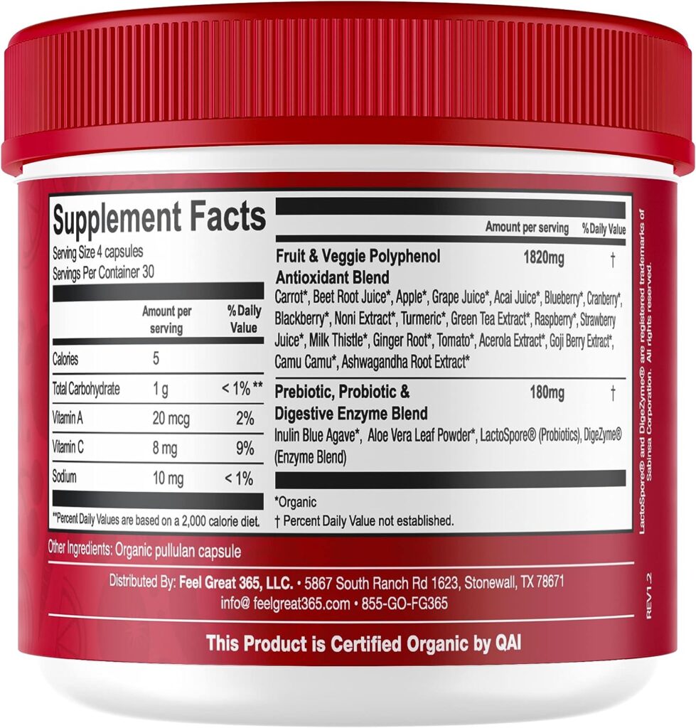 Feel Great 365 Organic Reds Superfood Powder | Loaded with Organic Beet Root Powder | Contains Vital Antioxidants  Energizing Polyphenols Supplement (Capsules)