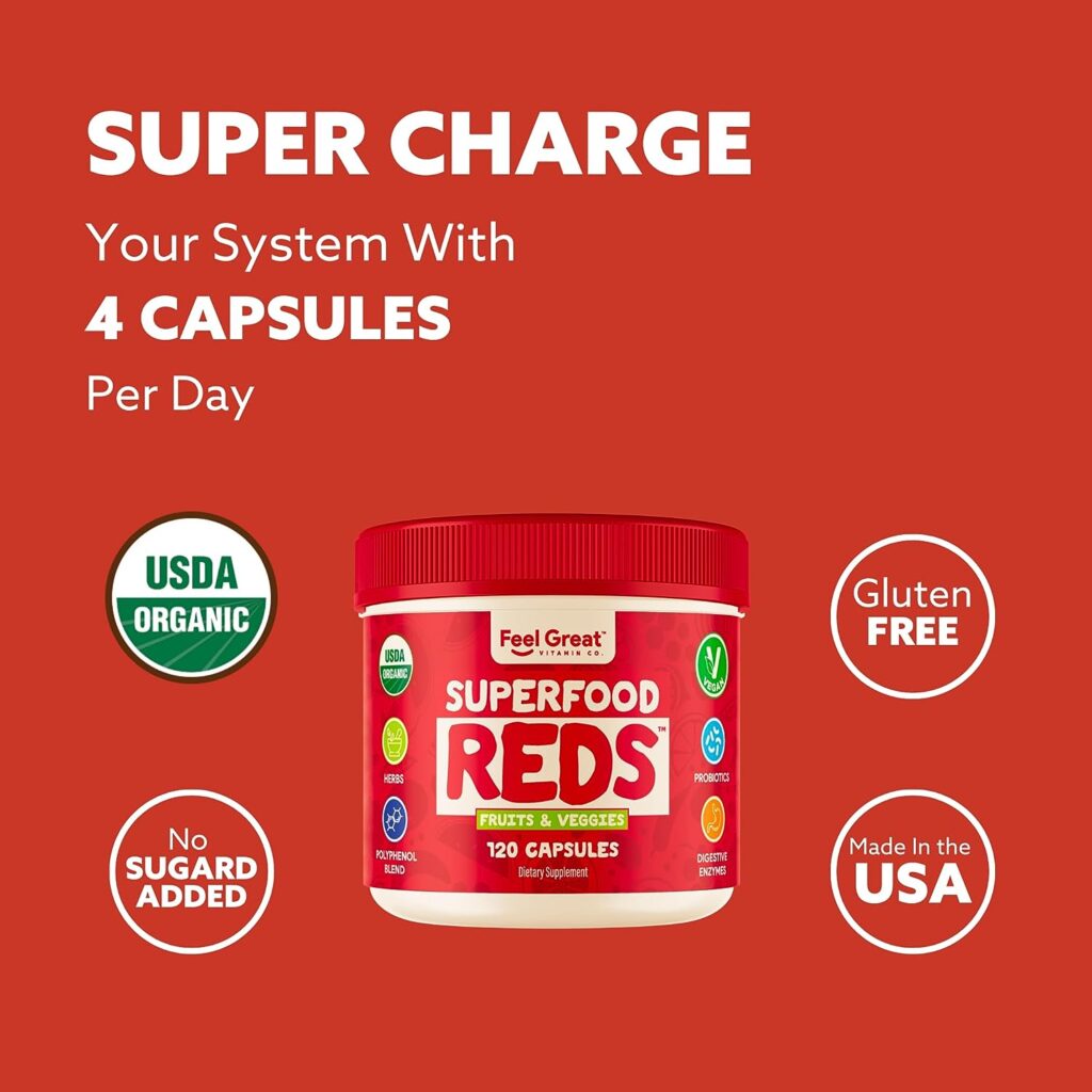 Feel Great 365 Organic Reds Superfood Powder | Loaded with Organic Beet Root Powder | Contains Vital Antioxidants  Energizing Polyphenols Supplement (Capsules)