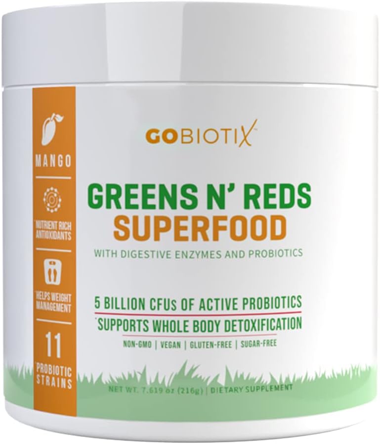 GOBIOTIX Super Greens Powder - Non-GMO Vegan Red and Green Superfood + Probiotics and Enzymes for Digestive Health, Bloating Relief for Women and Men, Organic Whole Foods Supplement (Mango - 1Pack)