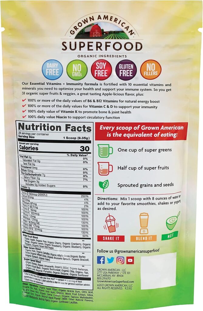 Grown American Superfood Ultra Vita-Immune Blend - 31 Organic Whole Fruits and Vegetables Concentrated Green Powder Increase Energy and Performance - 100% Vegan Non-GMO - Packaging May Vary…