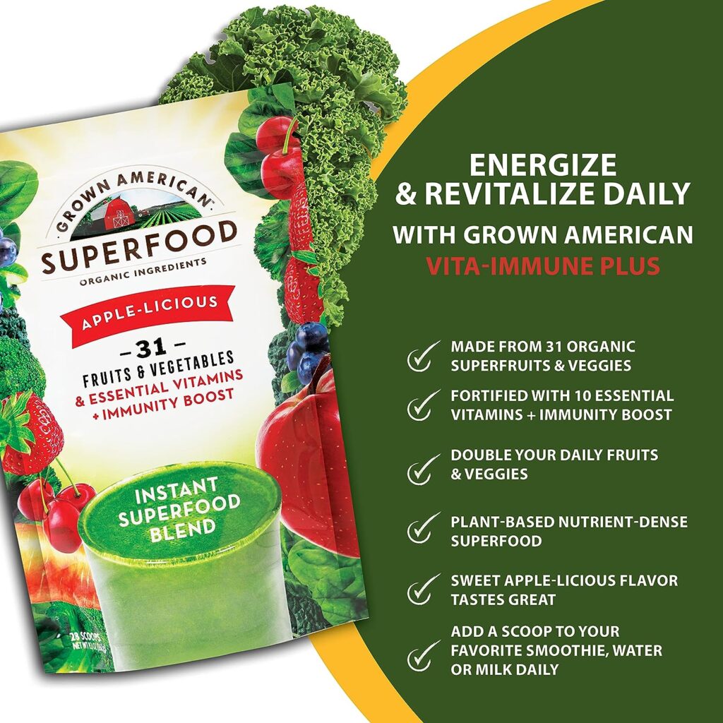 Grown American Superfood Ultra Vita-Immune Blend - 31 Organic Whole Fruits and Vegetables Concentrated Green Powder Increase Energy and Performance - 100% Vegan Non-GMO - Packaging May Vary…