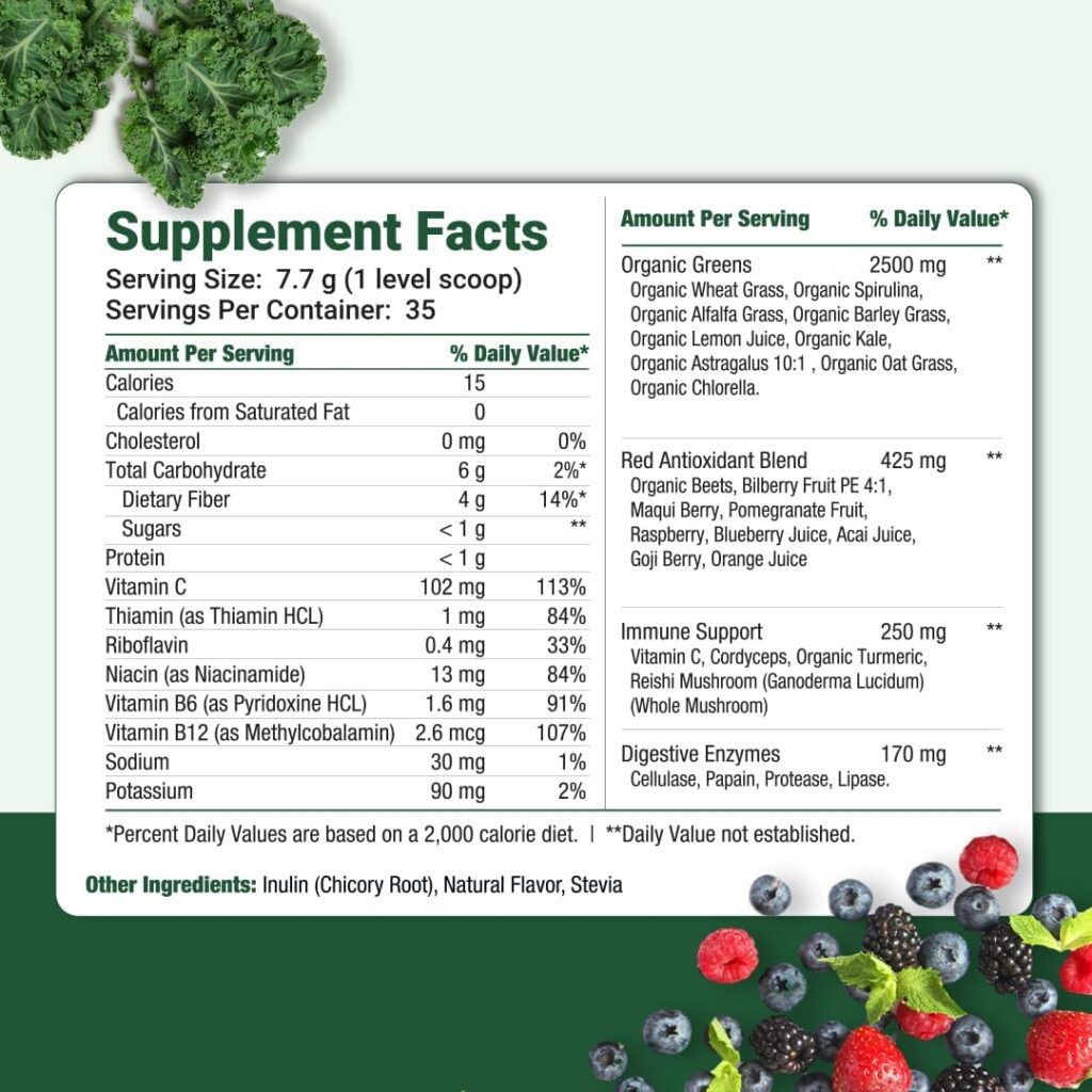 Integral Wellness Greens  Reds Blend - 20+ Organic Superfoods - Sweetened w/Stevia - Mixed Berry