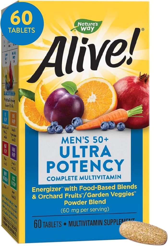 Nature’s Way Alive! Men’s 50+ Ultra Potency Complete Multivitamin, High Potency Formula, Supports Multiple Body Systems, Supports Cellular Energy, Gluten-Free, 60 Tablets
