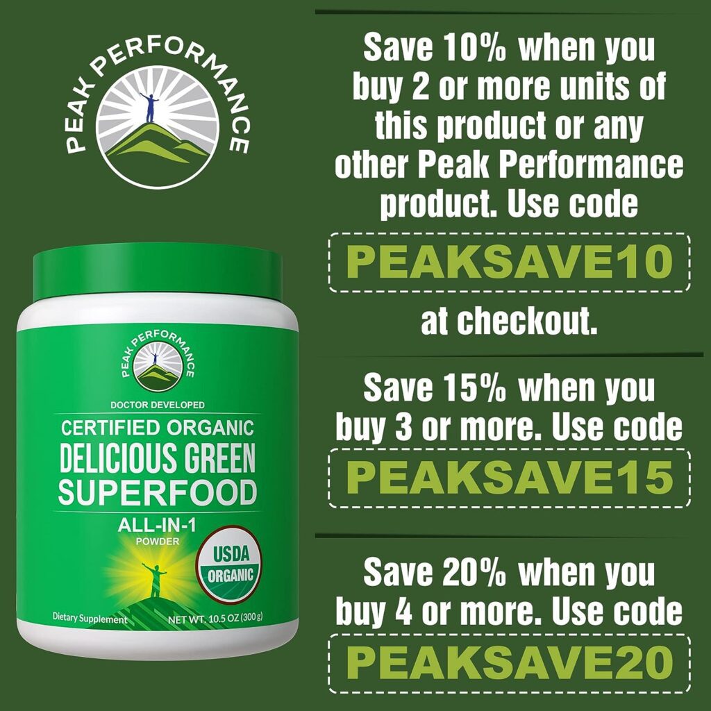 Peak Performance Organic Greens Superfood Powder. Best Tasting Super Greens Powder with 25+ Organic Ingredients for Max Energy and Athletic Performance. Vegan Keto Green Juice Daily Drink