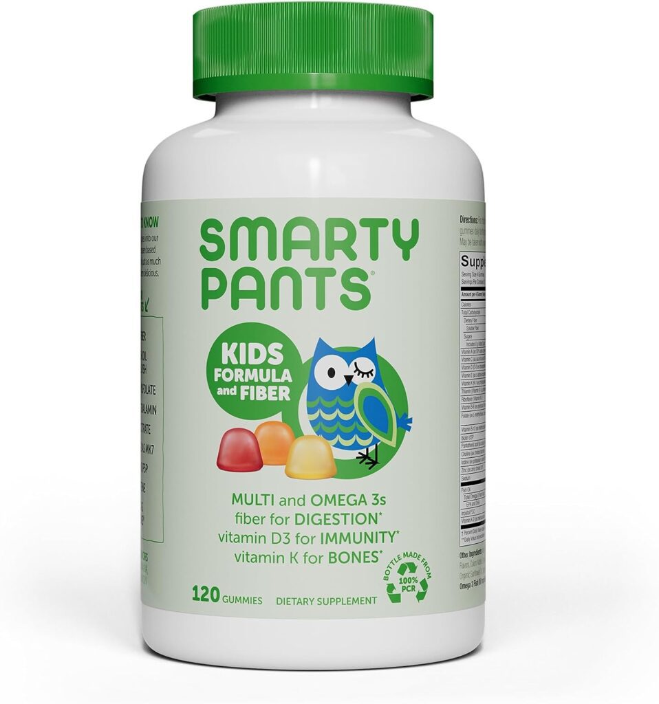 SmartyPants Kids Fiber Vitamins: Daily Kids Multivitamin Gummy for Overall Health with Vitamin A, B12, D3, E, K Omega 3 Fish Oil (DHA/EPA) - 120 Count (30 Day Supply)