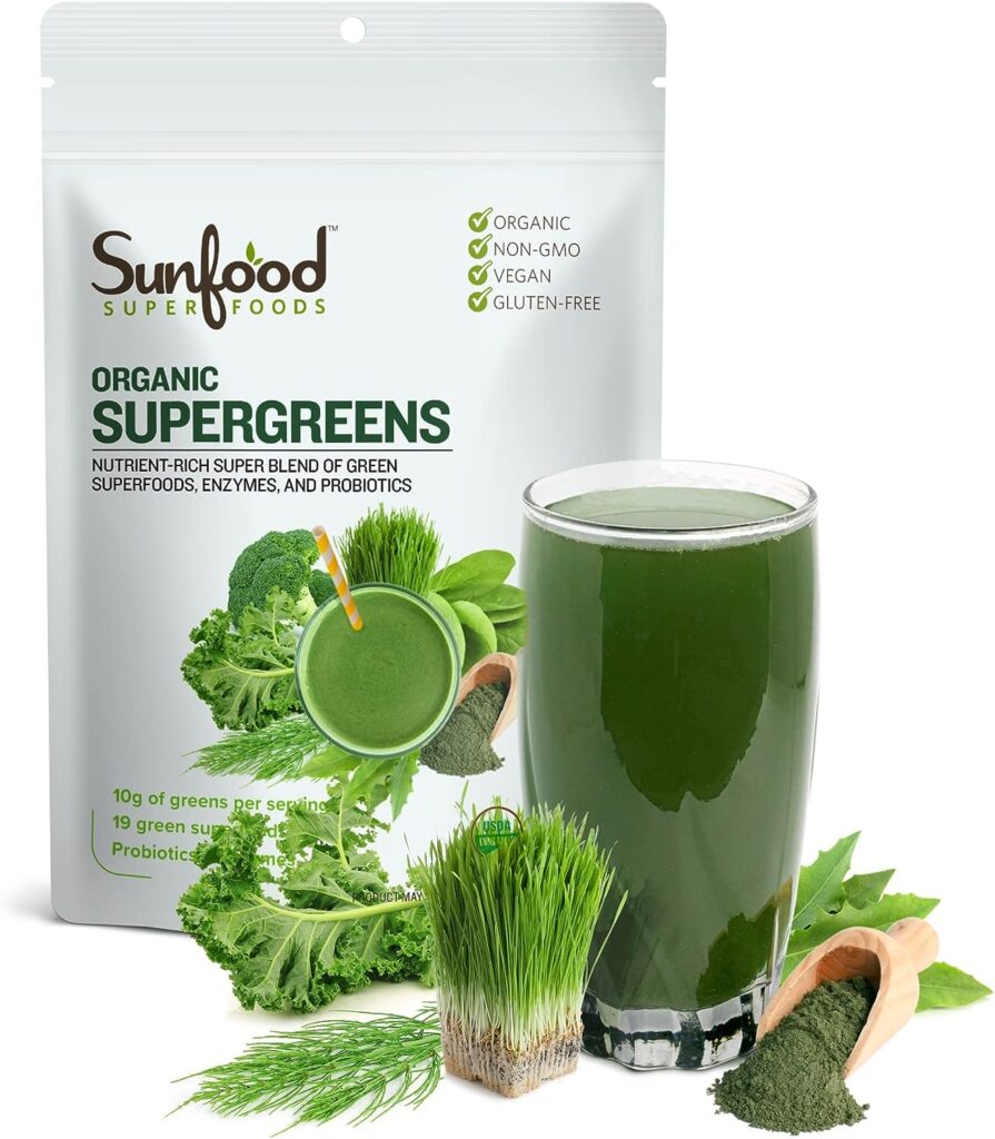 Sunfood Superfoods Super Greens Powder, Organic Green Juice/Smoothie Mix w/Digestive Enzymes Probiotic for Gut Health, Good Source of Liquid Chlorophyll, Spirulina Chlorella, 8 oz, 22 Servings