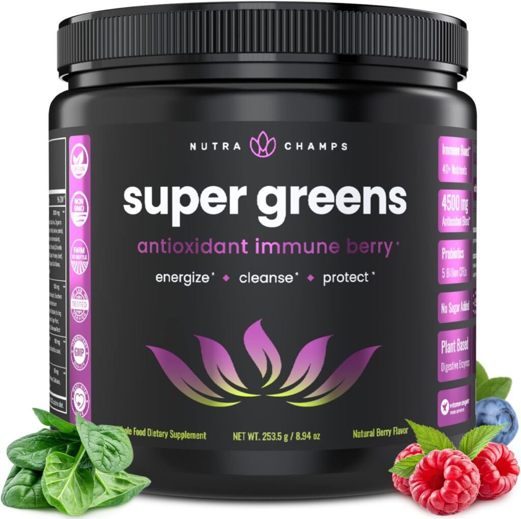 Super Greens Powder Premium Antioxidant Superfood | Organic Greens Fruit and Veggie Vegan Supplement | 40+ Greens and Superfoods Including Wheatgrass  Spirulina | Probiotic Powder Greens, Sweet Berry