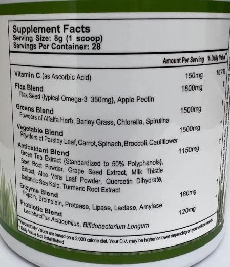 Super Omega Greens Complete Superfood Supplement with Greens, Vegetables, Flax, Fiber, Antioxidants, Enzymes, Probiotics, Vitamin C and Omega 3