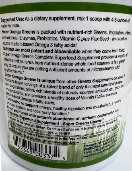 Super Omega Greens Complete Superfood Supplement with Greens, Vegetables, Flax, Fiber, Antioxidants, Enzymes, Probiotics, Vitamin C and Omega 3