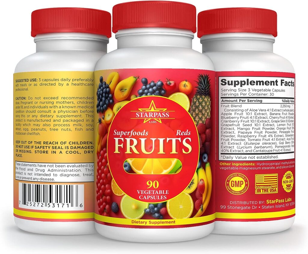 Vegetarian Balance of Superfoods Reds Fruits and Greens | Vegan Vegetables Fruits and Veggie | Natural Balance of 90 Fruits, 90 Veggies Capsules for Men, Women and Kids | Nature Vitamins and Minerals