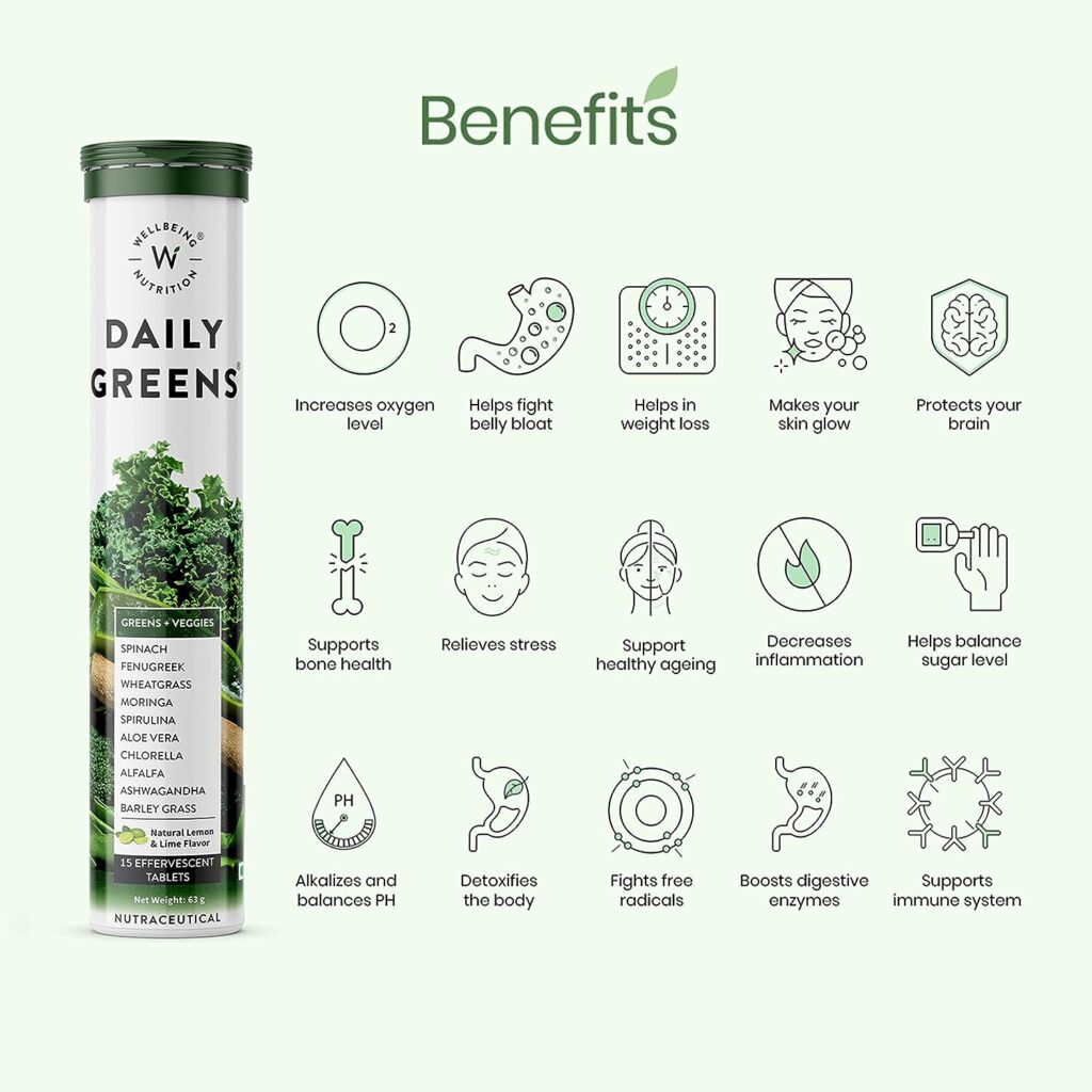 WELLBEING NUTRITION Daily Greens, Wholefood Multivitamin with Vitamin C, Zinc, B6, B12, Iron for Immunity and Detox with 39+ Organic Certified Plant Superfoods  Antioxidants(15 Effervescent Tablets)