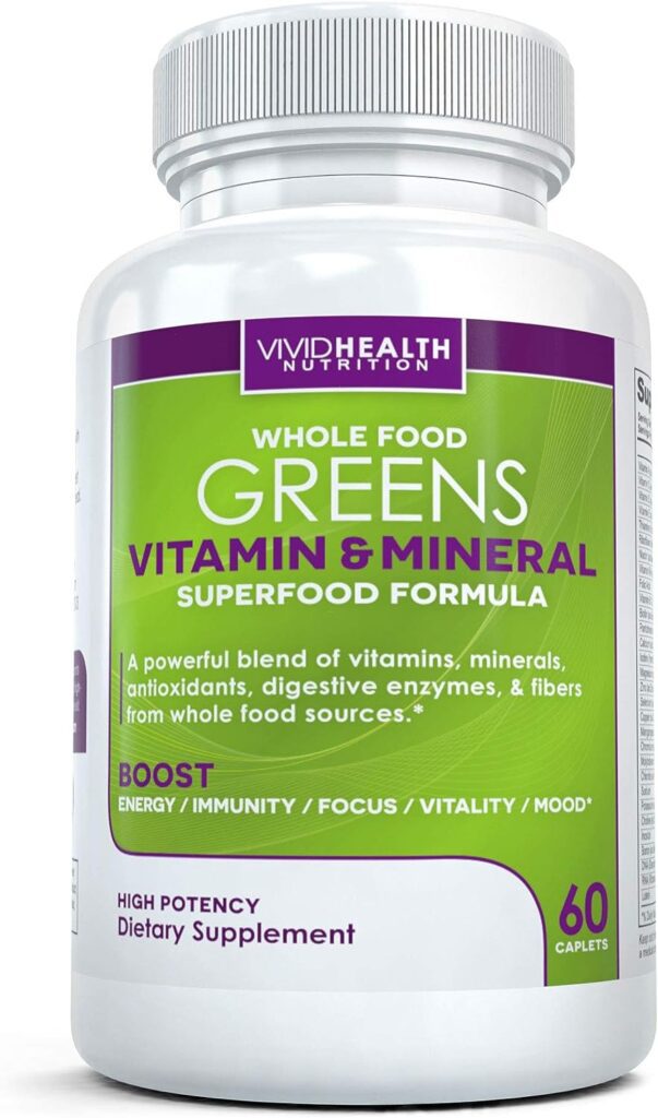 Whole Food Greens Multivitamin - All-Natural Whole Food Sourced Vitamin and Mineral Supplement for Men and Women - Supports Daily Health with Enzymes, Probiotics and Antioxidants (60 Tablets)