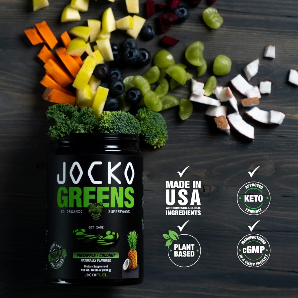 Jocko Fuel Greens Powder (Coconut/Pineapple Flavor) - Organic Greens  Superfood Powder for Healthy Green Juice - Keto Friendly with Spirulina, Chlorella, Digestive Enzymes,  Probiotics - 30 Servings